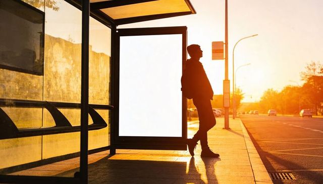 Backlit commuter leaning at bus shelter with illuminated advertising panel at sunset