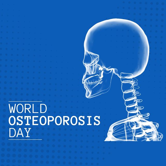 Image of world osteoporosis day on blue background with skeleton. Health, medicine, osteoporosis awareness concept.