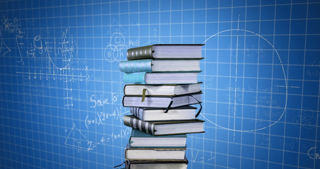 Stacked books surrounded by mathematical equations and graphs on a blue grid background suggest academic pursuit and knowledge in mathematics or science fields. Useful for illustrating concepts of education, studying, and scientific research.