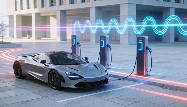Charging silver sports car at futuristic urban ev chargers with neon waveform trails
