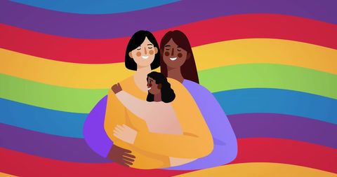 Loving Lesbian Parents Cuddling Happy Child with Rainbow Background