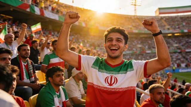 Victorious iranian football fan celebrating with raised fists in sunlit stadium crowd