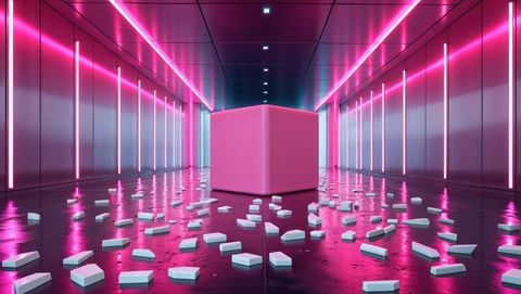 Futuristic neon corridor with glowing pink cube and white blocks