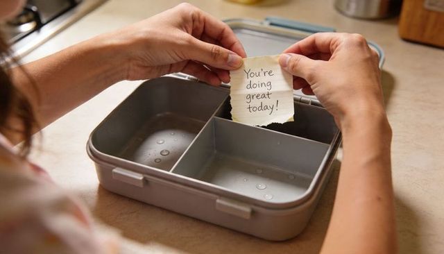 Tucking handwritten encouragement note into gray bento lunchbox on kitchen counter