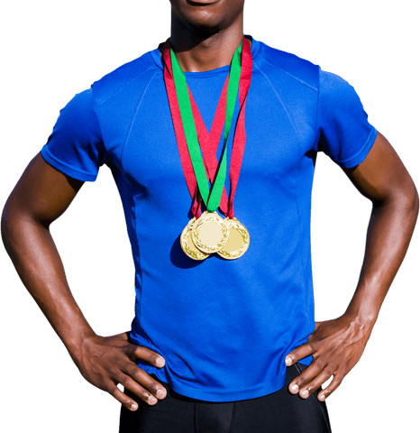 Dynamic depiction of an accomplished African American athlete showcasing multiple gold medals. Ideal for use in sports or competition-related materials, inspiring posters, motivational content, or illustrating athletic achievement promotional campaigns. The transparent background offers versatility for creative design, allowing layering in diverse contexts or marketing projects.