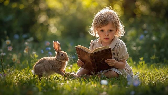 Toddler Reading Antique Book in Sunlit Meadow with Curious Brown Rabbit at Golden Hour