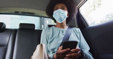 Businesswoman with Face Mask Using Smartphone During Pandemic