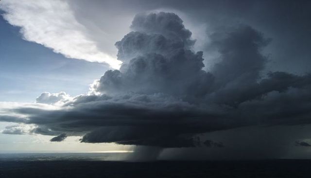 Dramatic cumulonimbus storm cell building over sea with rain shaft and sunlit horizon