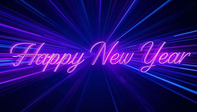 Happy new year neon script glowing with purple and blue radial light streaks