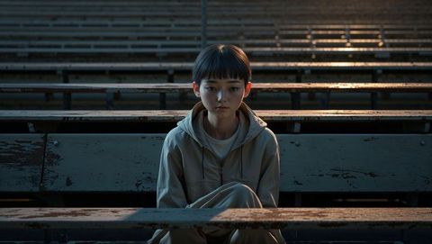 Solitary teen sitting thoughtfully on stadium bleachers - shy concept