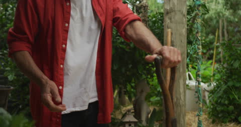 Senior Man Engaging in Gardening with Fork Tool