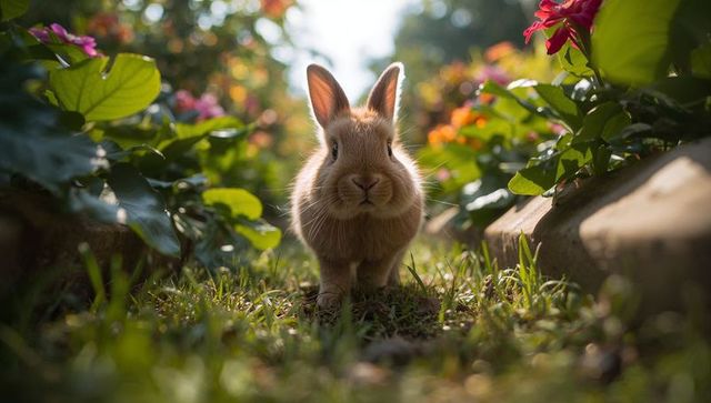 Curious light-brown rabbit hopping along sunlit garden path with pink blooms
