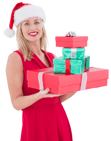 Smiling Woman in Santa Hat Holding Christmas Gifts on Transparent Background