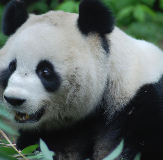 A giant panda is sitting in a lush green environment, surrounded by thick foliage. Its black-and-white fur contrasts with the surrounding greenery, making it stand out. Perfect for use in wildlife conservation campaigns, educational materials about animals, and nature-themed marketing.
