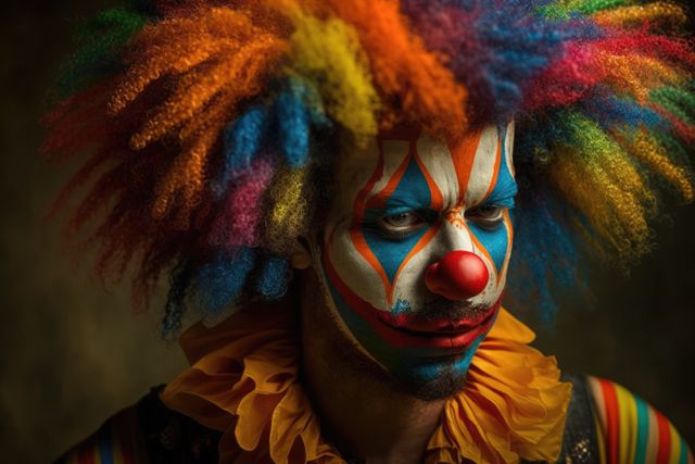 Close up of scary clown in multi coloured wig, created using generative ai technology. Evil clown and scare concept digitally generated image.