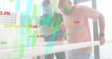 Senior walking on parallel bars while therapist guiding smartwatch hologram finance charts overlay