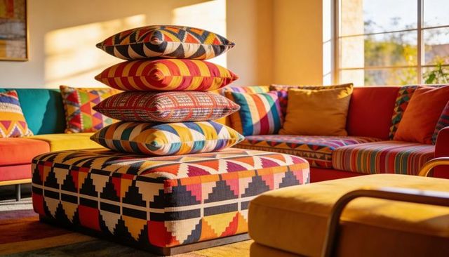 Sunlit boho living room featuring stacked patterned cushions on geometric ottoman