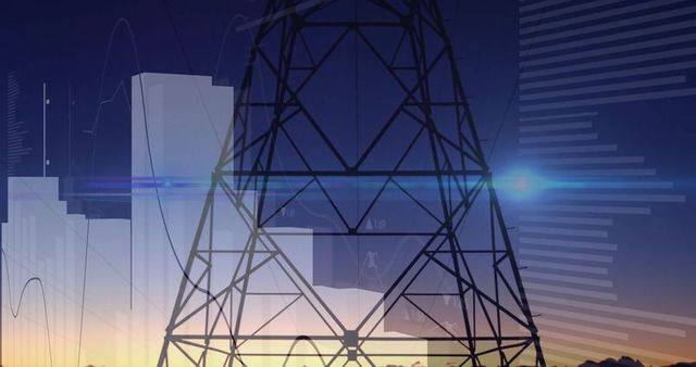 Silhouette of electricity tower at sunset with urban grid background