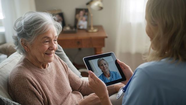Senior woman receiving telehealth visit on tablet with caregiver providing companionship