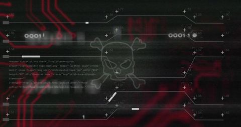 Pulsing skull and crossbones HUD glitch signaling cyber intrusion on circuit interface