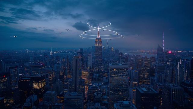 Empire state building displaying spiral drone light rings over manhattan twilight skyline