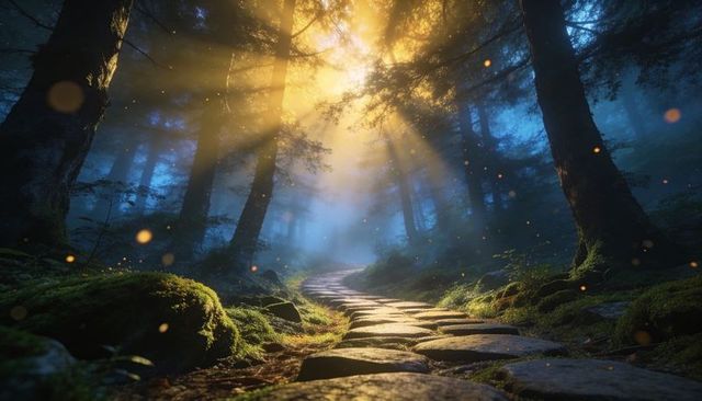 Mossy stone path winding through misty forest with golden sunbeams and firefly glow
