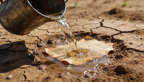 Pouring water onto aged parchment on cracked earth, drought and manuscript rescue concept