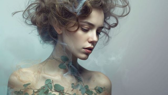 Ethereal woman tilting head, eucalyptus vines drifting over bare shoulders, pastel beauty
