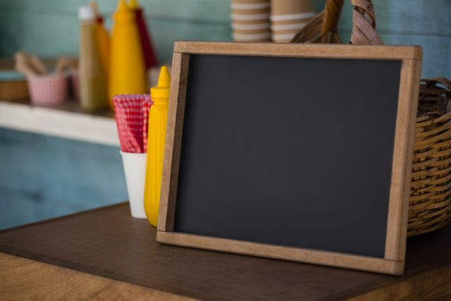 Blank chalkboard on wooden table in food truck with condiments in background. Ideal for promoting street food businesses, menu displays, or casual dining settings. Can be used for marketing materials, advertisements, or social media posts to highlight food truck services or outdoor dining experiences.