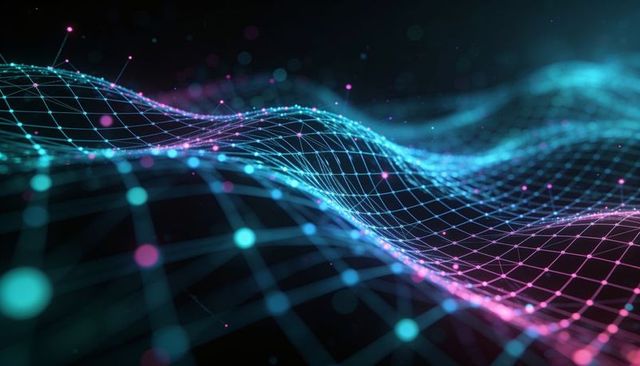 Undulating neon wireframe wave mesh flowing across virtual 3d space with glowing nodes