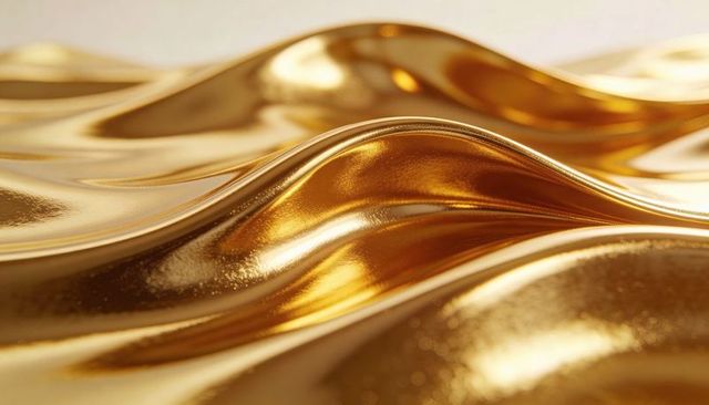 Shimmering gold metal waves undulating with glossy ridges and specular highlights