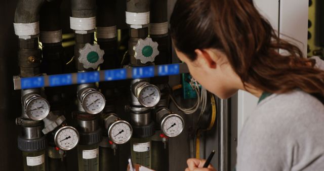 Female Technician Checking Industrial Pressure Gauges in Factory - Download Free Stock Images Pikwizard.com