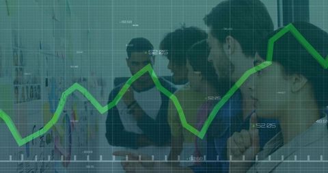 Teamwork innovation strategy with rising green line graph overlay