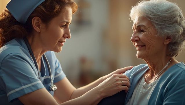 Caring nurse comforting senior woman in nursing home