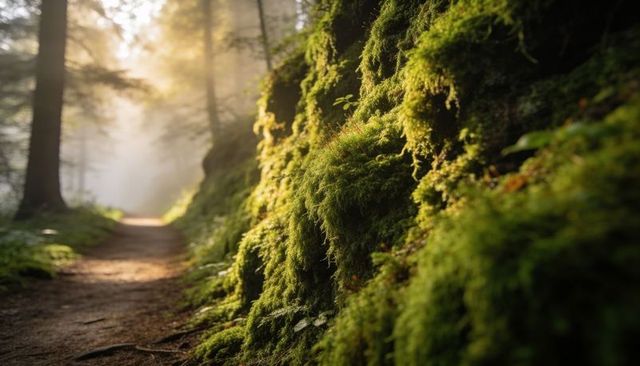 Sunlit moss-covered forest trail with morning mist, textured green moss and soft bokeh