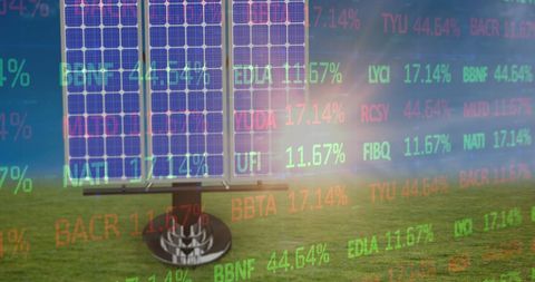 Solar Panel Superimposed on Stock Market Ticker in Hazy Field