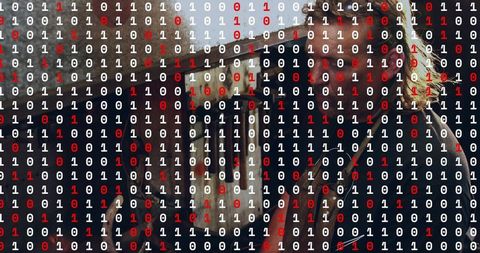 Man standing on stone steps wearing dark jacket with binary overlay cybersecurity visual