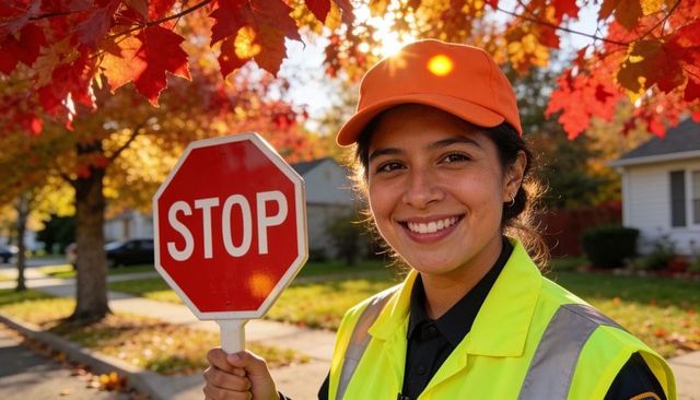 Smiling crossing guard holding stop paddle in autumn neighborhood with reflective vest