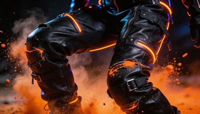 Crouching cyberpunk techwear pants with neon orange led strips, scuffed leather dust burst