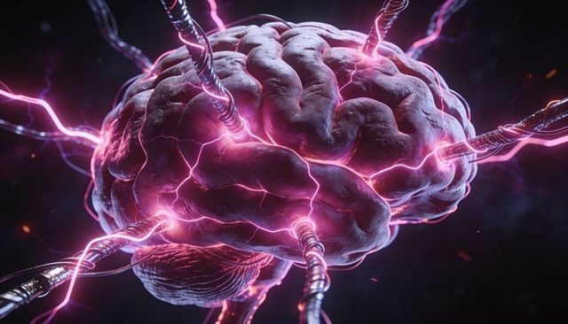 Cybernetic brain receiving braided electrode pulses, neon pink neural energy, circuitry