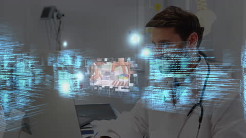 Doctor Analyzing Medical Data on Futuristic Screen Technology