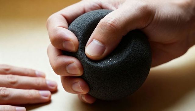 Hand squeezing black foam stress ball closeup showing grip, texture, calm relief
