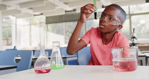 Young boy conducting science experiment in school laboratory