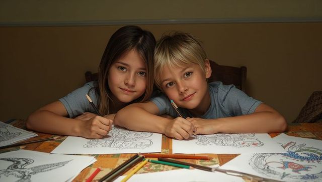 Siblings drawing together at table leaning on arms holding colored pencils and concentrating