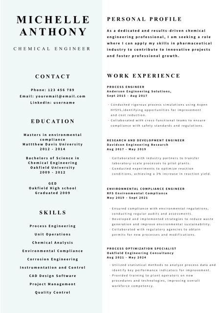 This professionally designed chemical engineer resume features a clean layout with sections for personal profile, contact information, work experience, education, and skills. It highlights expertise in engineering solutions, analytical chemistry, environmental compliance, and project management, making it ideal for job applications in pharmaceutical, manufacturing, and research industries. This detailed CV template is suitable for both recent graduates and experienced professionals seeking new career opportunities.