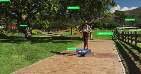 Young woman riding electric scooter in sunlit park with social media notification overlays
