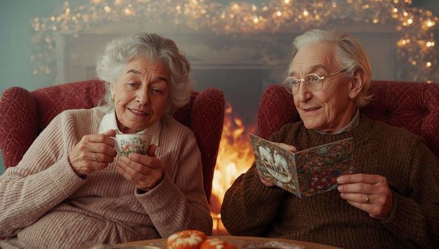 Elderly Couple Enjoying Cozy Fireplace Moment