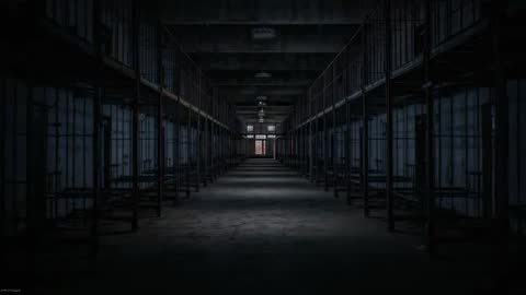 Exploring Abandoned Prison Cellblock Corridor with Dim Lights and Metal Bunks