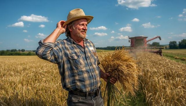 Senior farmer holding sheaf lifting straw hat in golden wheat field with combine harvester