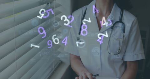 Conceptual design depicting a female doctor engaged in interpreting digital data with floating numbers, representing medical research and innovation. Ideal for use in materials focusing on modern healthcare technologies, medical data processing, advancements in medical science, or healthcare marketing content emphasizing data-driven practices.